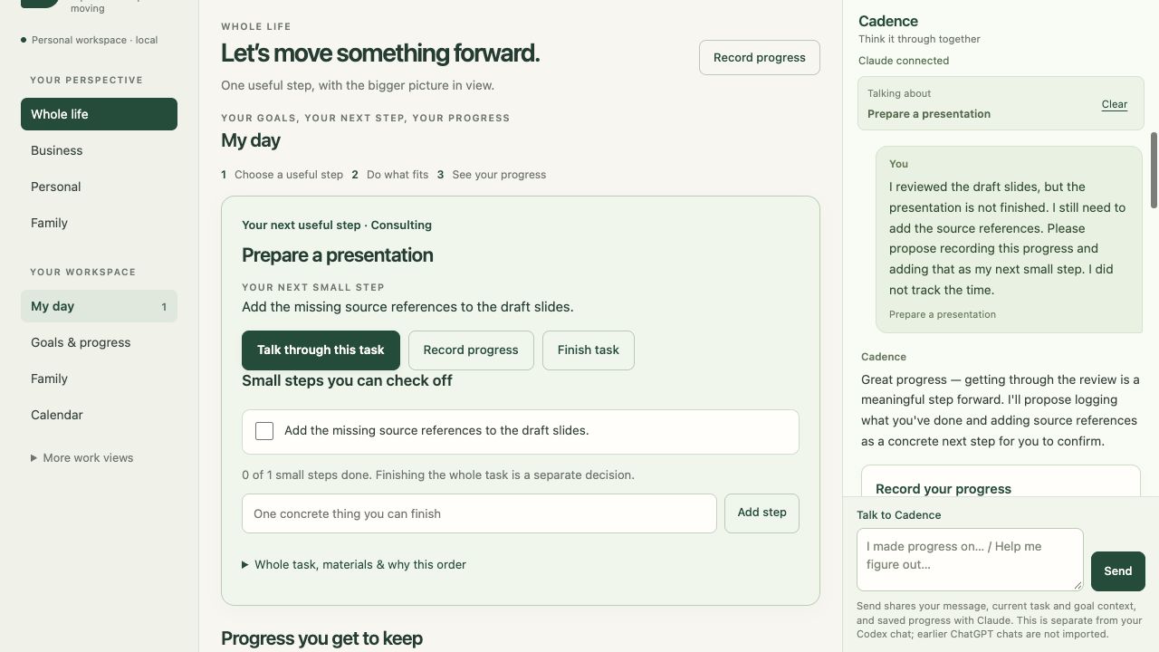 Actual Cadence development screen with a sample presentation task, small steps and assistant proposal