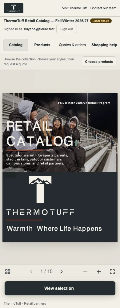 Mobile buyer view of the ThermoTuff catalog development preview