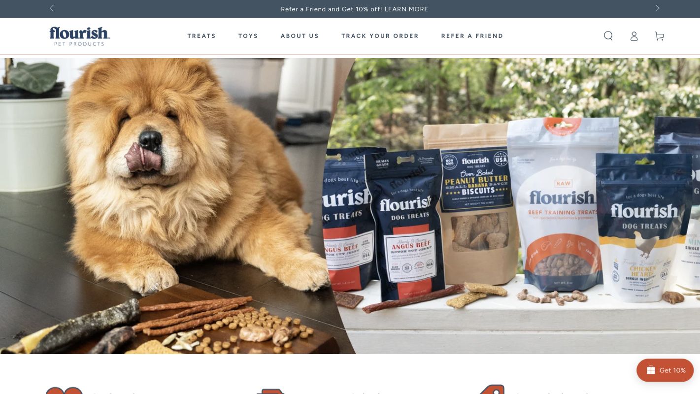 Actual Flourish storefront on desktop, showing the pet brand and product navigation