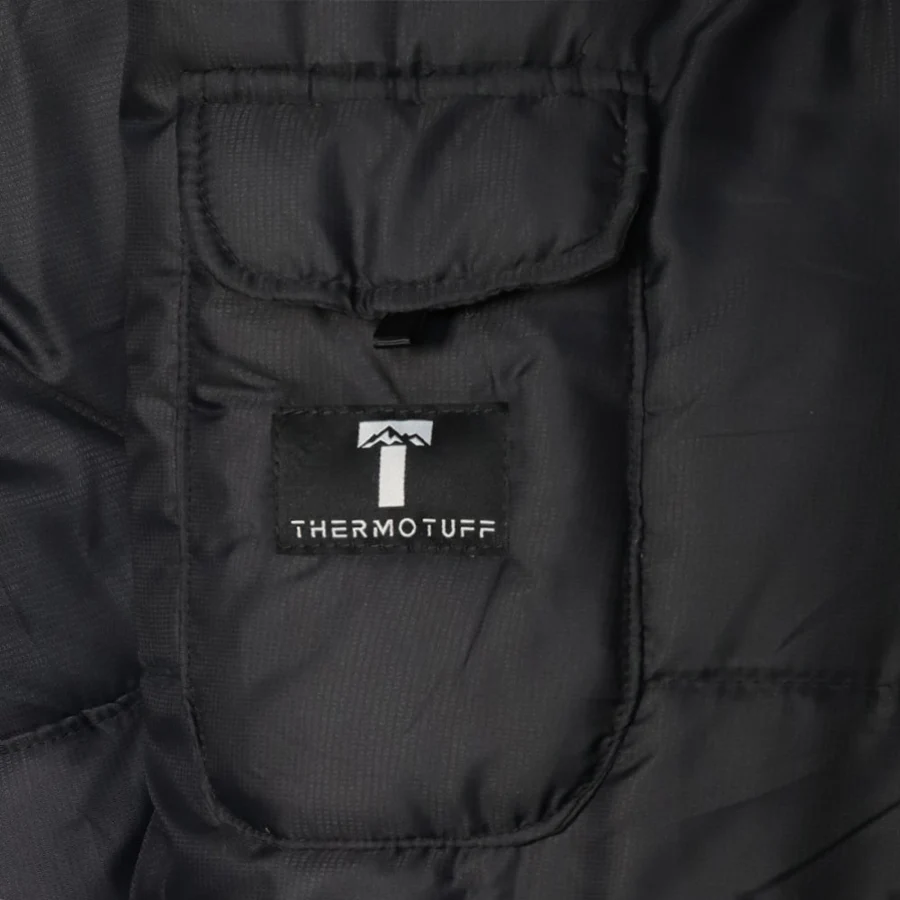 Close view of the ThermoTuff pocket, zipper and embroidered brand mark